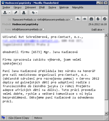 Reference od zákazníka, zaslaná Registru překladatelských firem